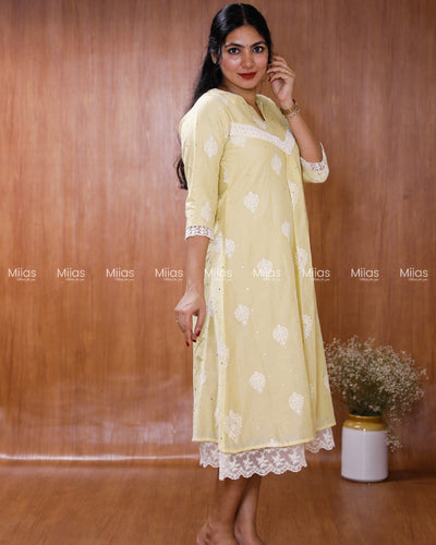 Mul Chanderi Dress Kurti | Mukaish + Lace V-Yoke + Pleats | Pastel Lemon Yellow