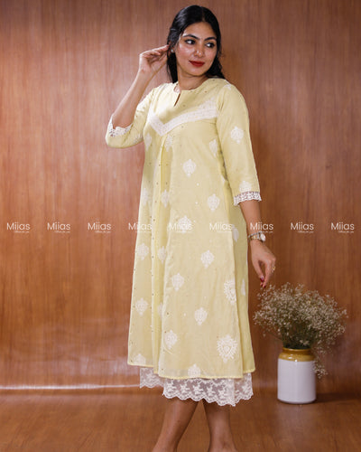 Mul Chanderi Dress Kurti | Mukaish + Lace V-Yoke + Pleats | Pastel Lemon Yellow