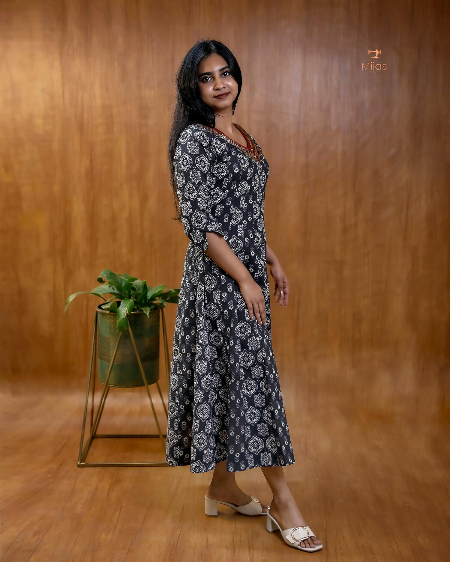 Ajrakh Print Cotton Flared Kurti with Embroidered V-Neck
