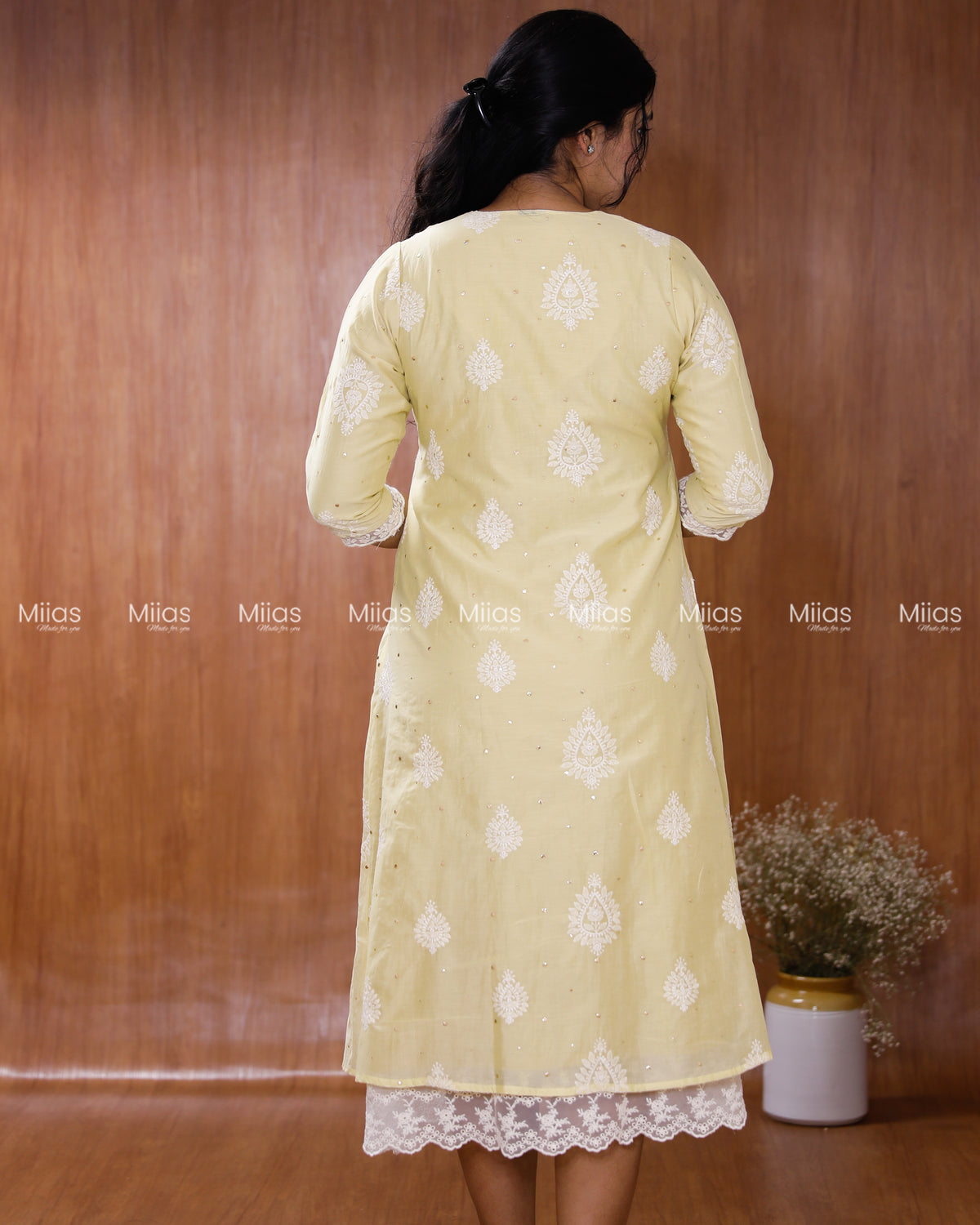 Mul Chanderi Dress Kurti | Mukaish + Lace V-Yoke + Pleats | Pastel Lemon Yellow