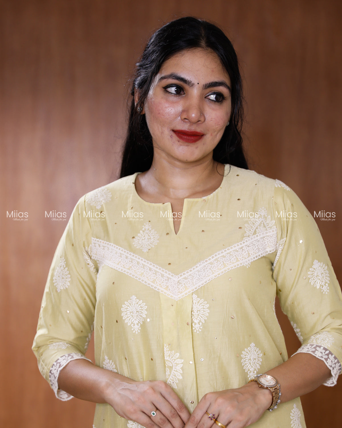 Mul Chanderi Dress Kurti | Mukaish + Lace V-Yoke + Pleats | Pastel Lemon Yellow