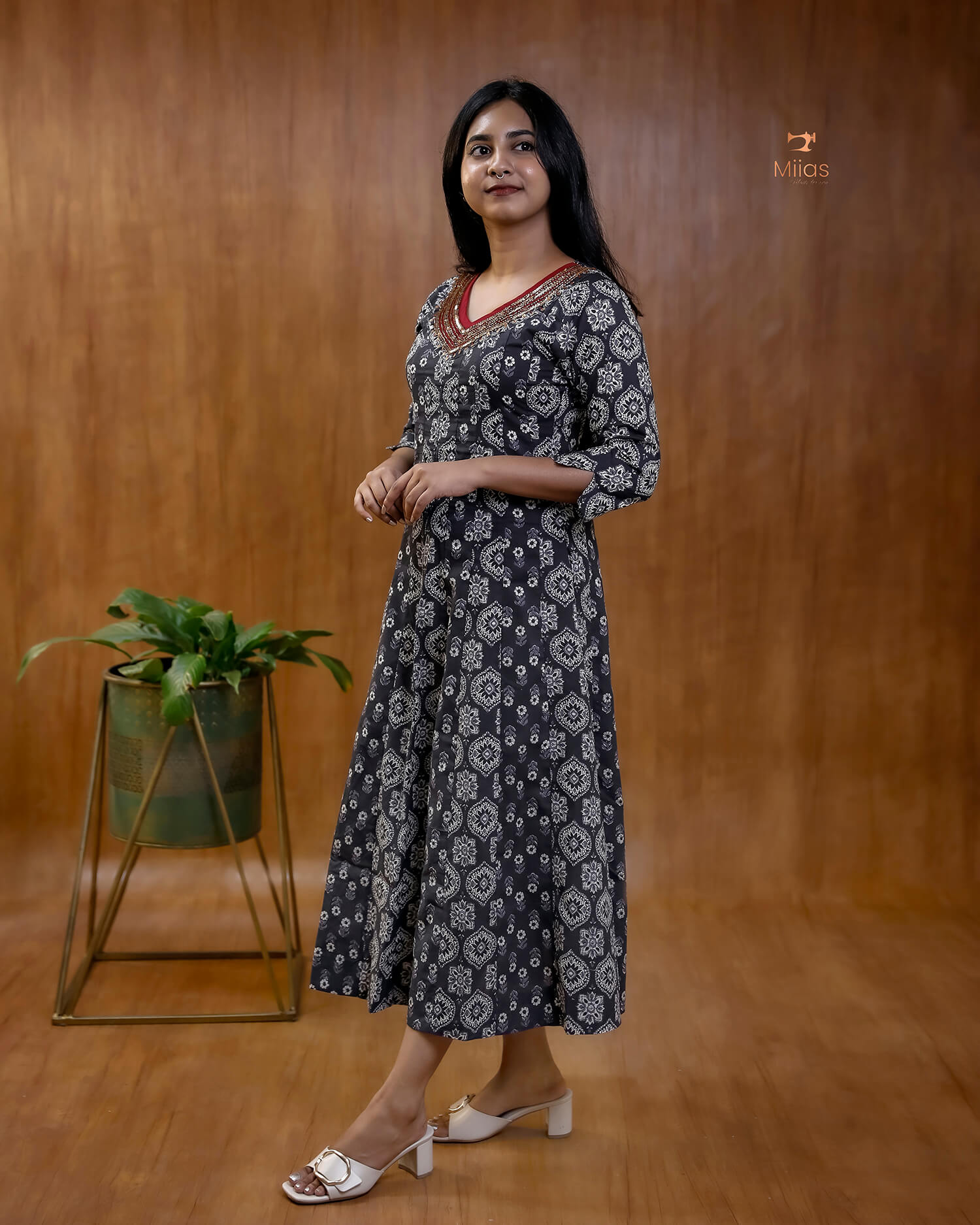 Ajrakh Print Cotton Flared Kurti with Embroidered V-Neck