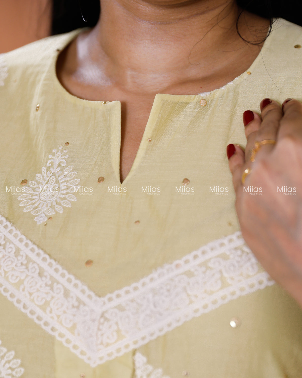 Mul Chanderi Dress Kurti | Mukaish + Lace V-Yoke + Pleats | Pastel Lemon Yellow