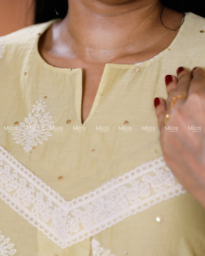 Mul Chanderi Dress Kurti | Mukaish + Lace V-Yoke + Pleats | Pastel Lemon Yellow