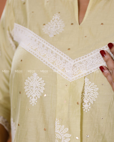 Mul Chanderi Dress Kurti | Mukaish + Lace V-Yoke + Pleats | Pastel Lemon Yellow