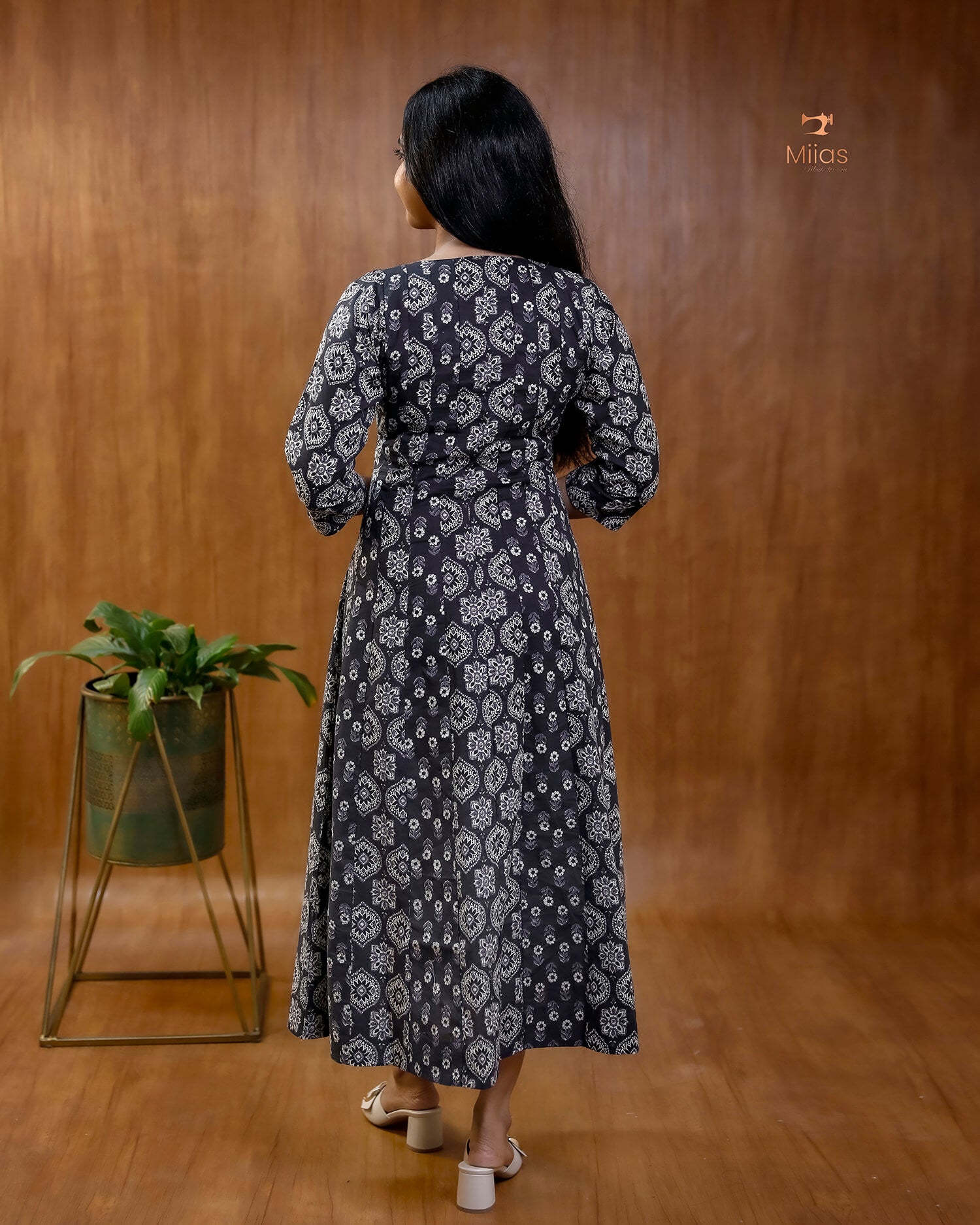 Ajrakh Print Cotton Flared Kurti with Embroidered V-Neck