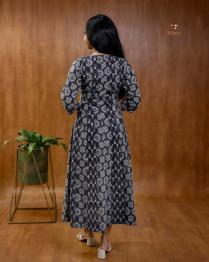 Ajrakh Print Cotton Flared Kurti with Embroidered V-Neck