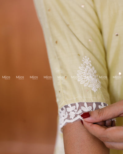 Mul Chanderi Dress Kurti | Mukaish + Lace V-Yoke + Pleats | Pastel Lemon Yellow