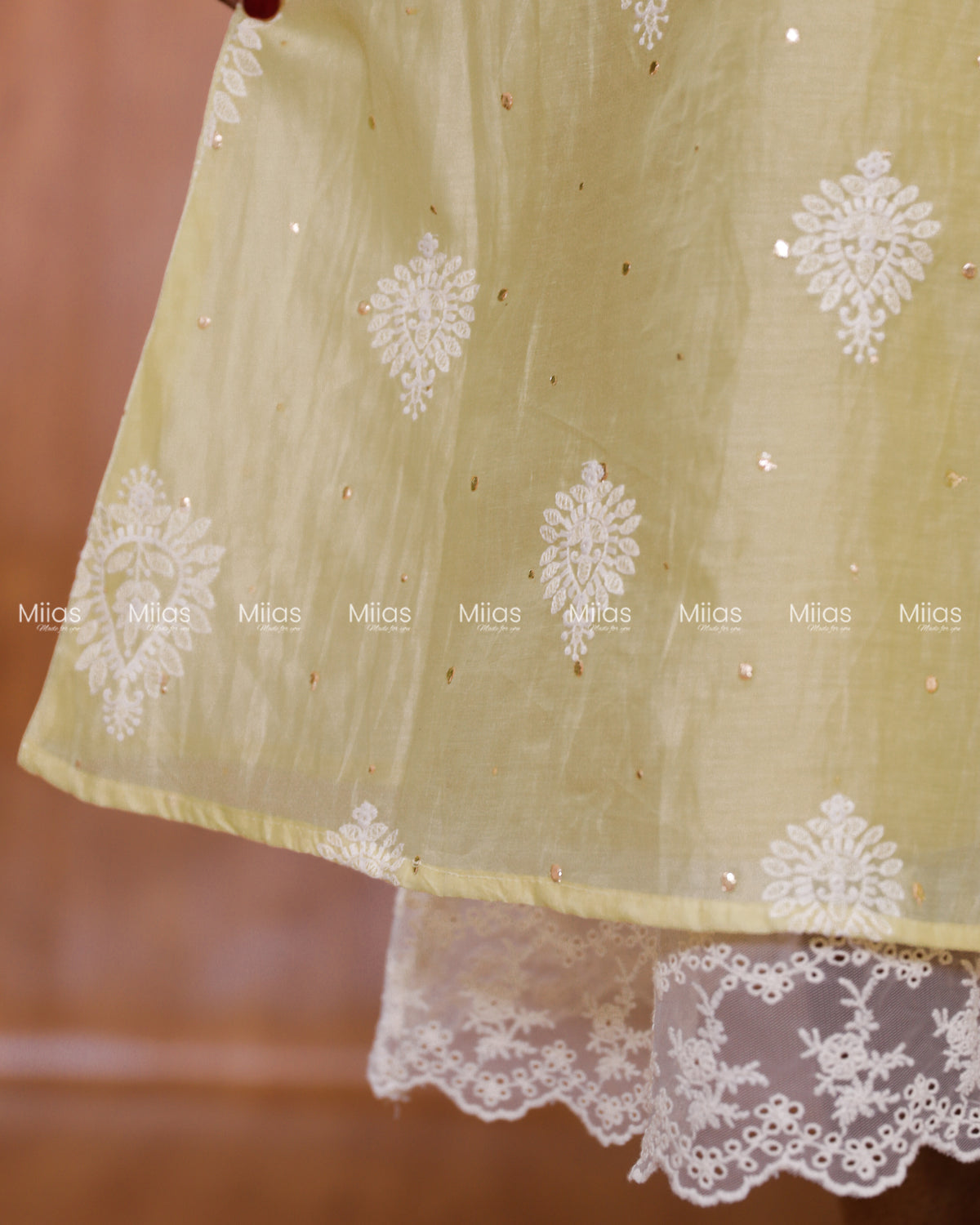 Mul Chanderi Dress Kurti | Mukaish + Lace V-Yoke + Pleats | Pastel Lemon Yellow