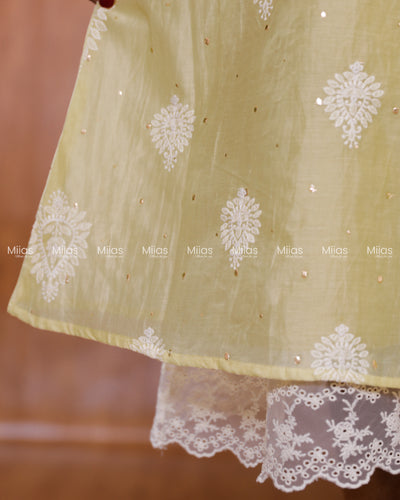 Mul Chanderi Dress Kurti | Mukaish + Lace V-Yoke + Pleats | Pastel Lemon Yellow