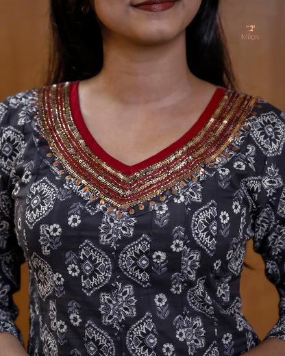 Ajrakh Print Cotton Flared Kurti with Embroidered V-Neck