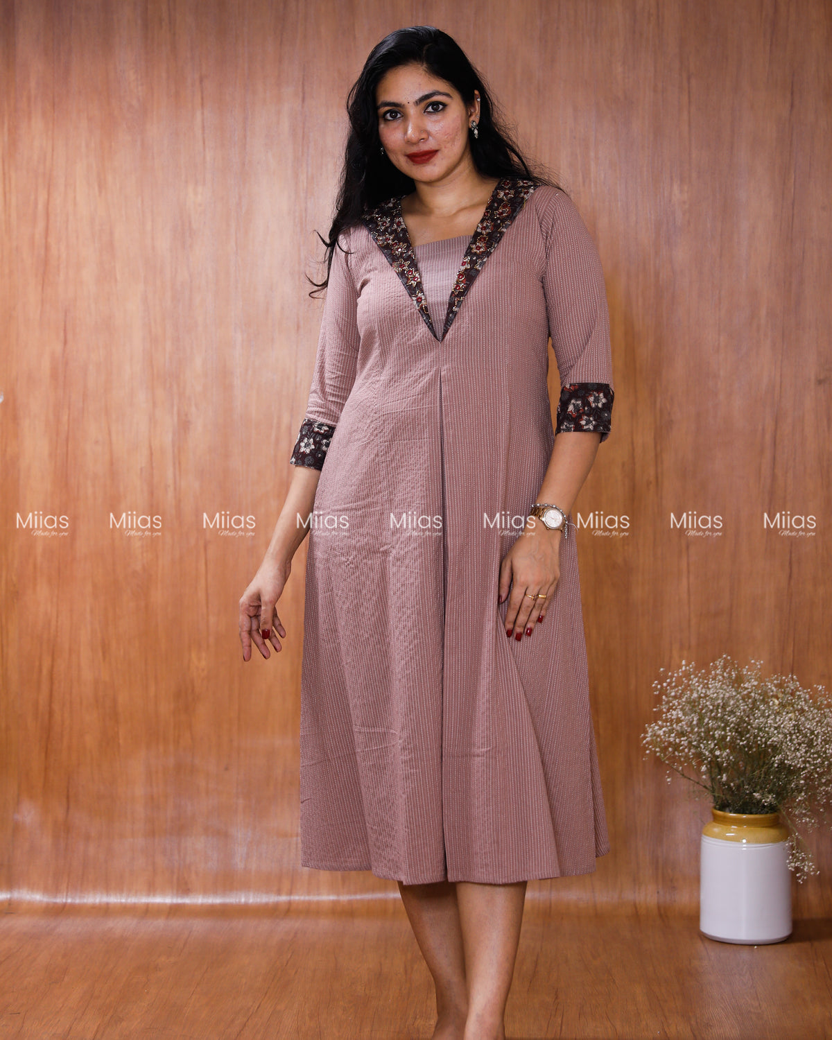 Kantha Cotton Dress Kurti | Ajrakh Patch Collar + Beaded | Dusty Rose