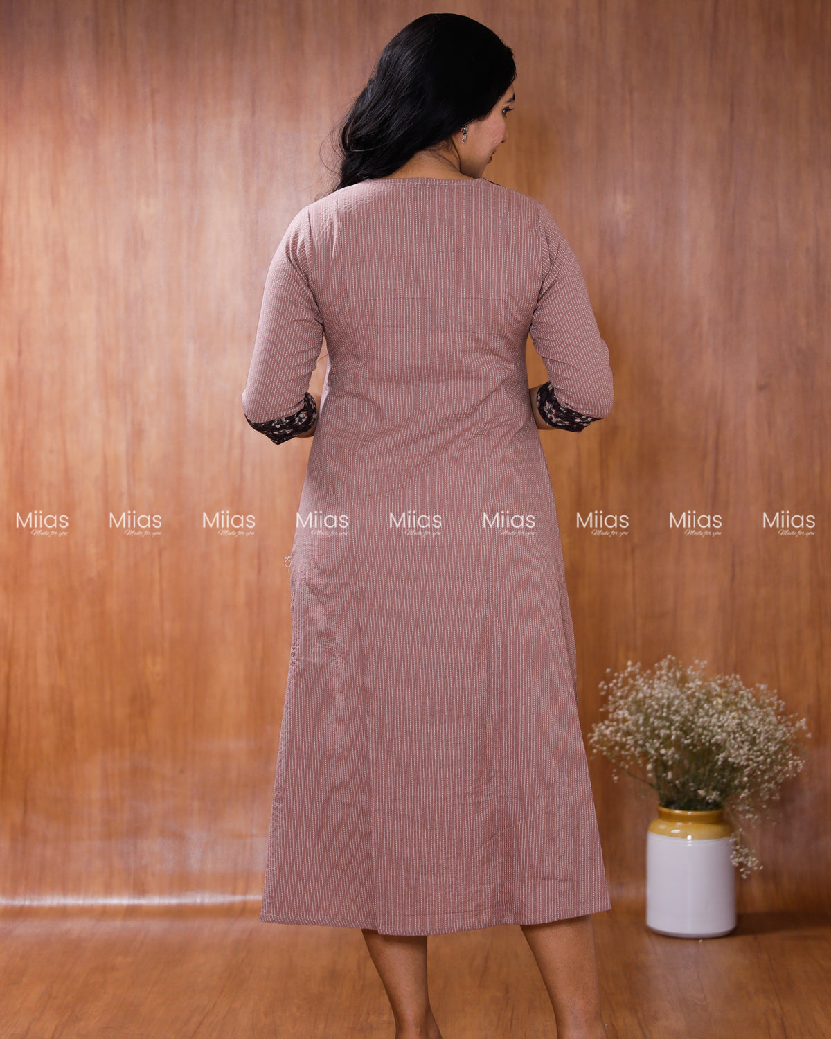 Kantha Cotton Dress Kurti | Ajrakh Patch Collar + Beaded | Dusty Rose