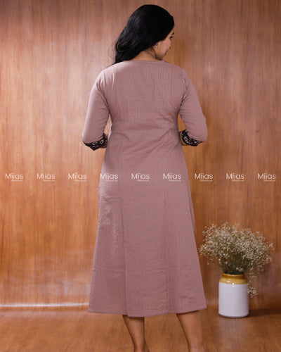 Kantha Cotton Dress Kurti | Ajrakh Patch Collar + Beaded | Dusty Rose