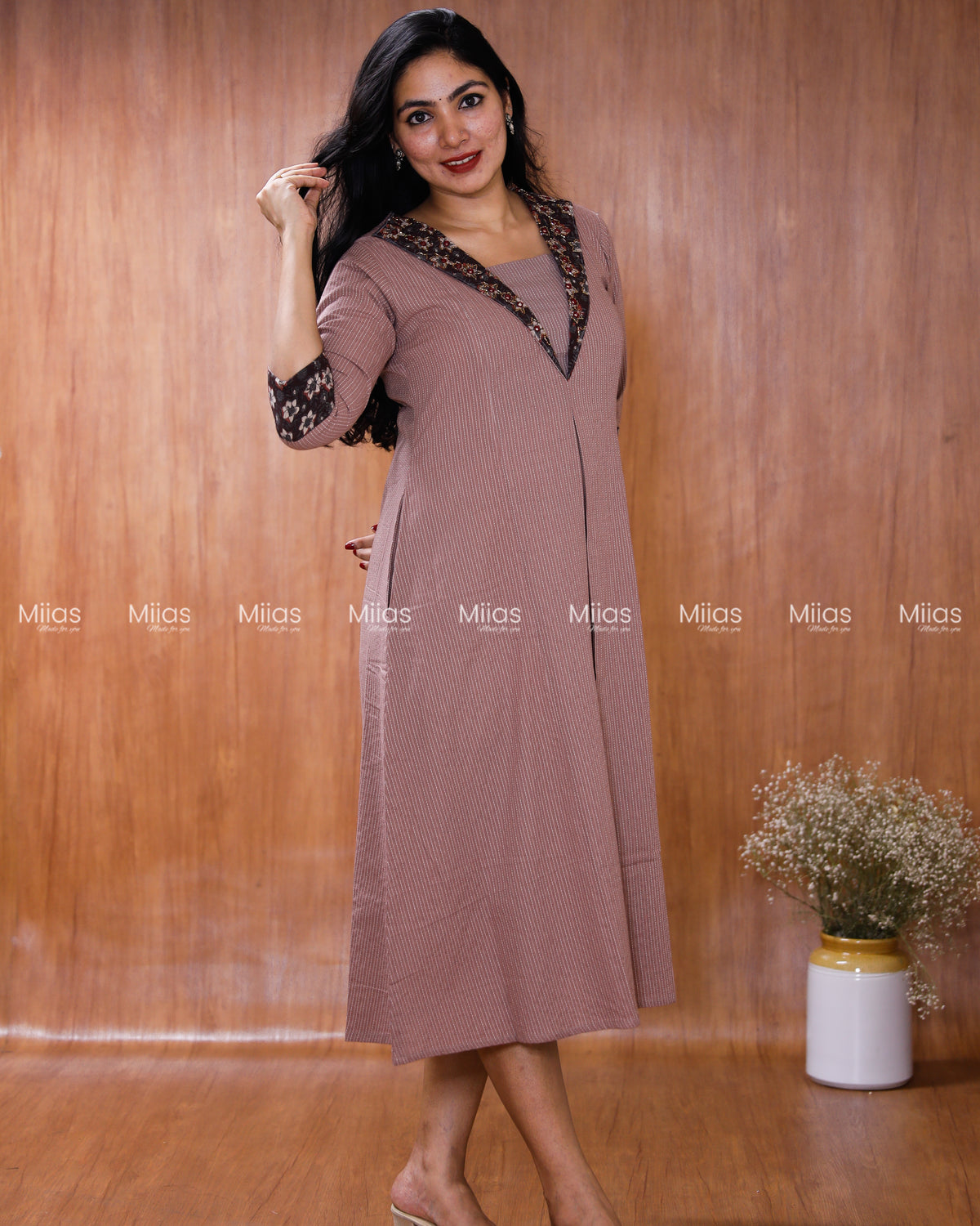 Kantha Cotton Dress Kurti | Ajrakh Patch Collar + Beaded | Dusty Rose