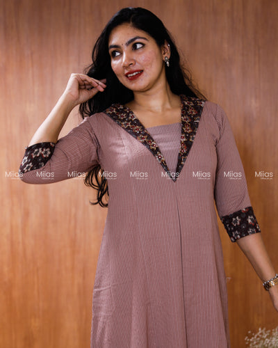 Kantha Cotton Dress Kurti | Ajrakh Patch Collar + Beaded | Dusty Rose