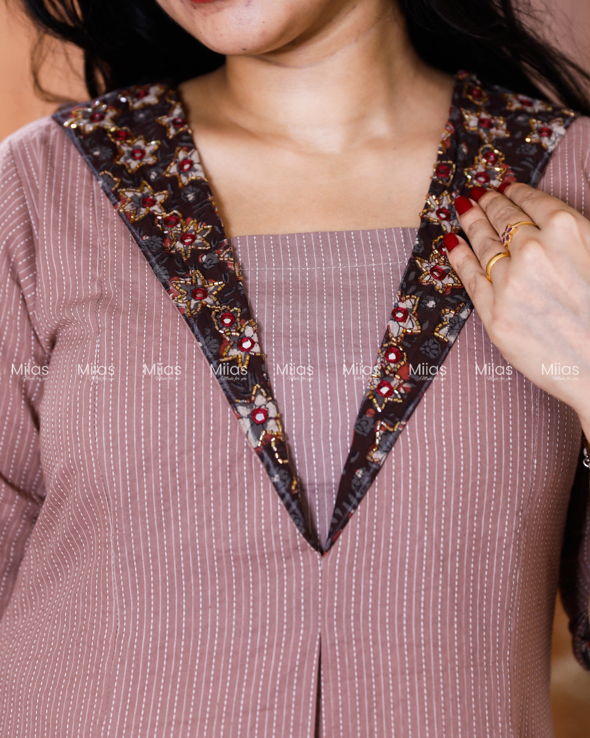 Kantha Cotton Dress Kurti | Ajrakh Patch Collar + Beaded | Dusty Rose