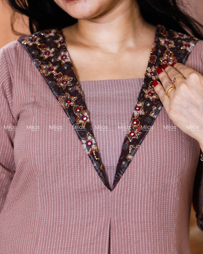 Kantha Cotton Dress Kurti | Ajrakh Patch Collar + Beaded | Dusty Rose