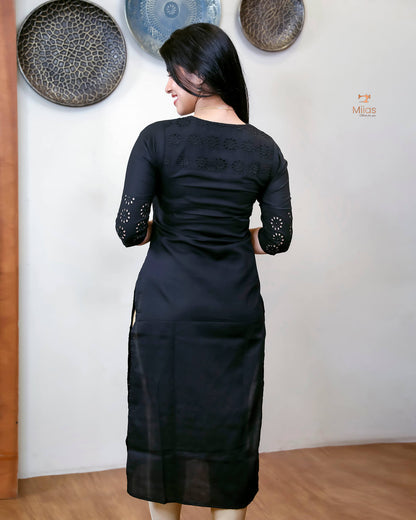Cotton Hakoba Kurti with V-Neck Zari & Sequins Handwork-Black