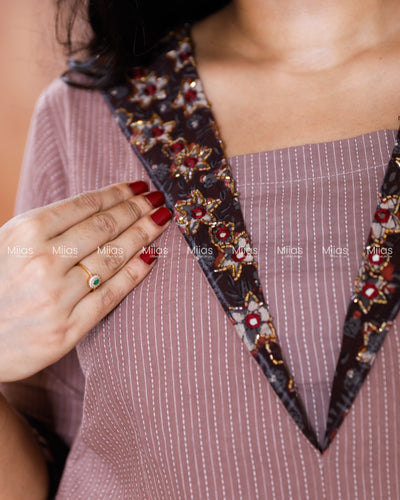Kantha Cotton Dress Kurti | Ajrakh Patch Collar + Beaded | Dusty Rose