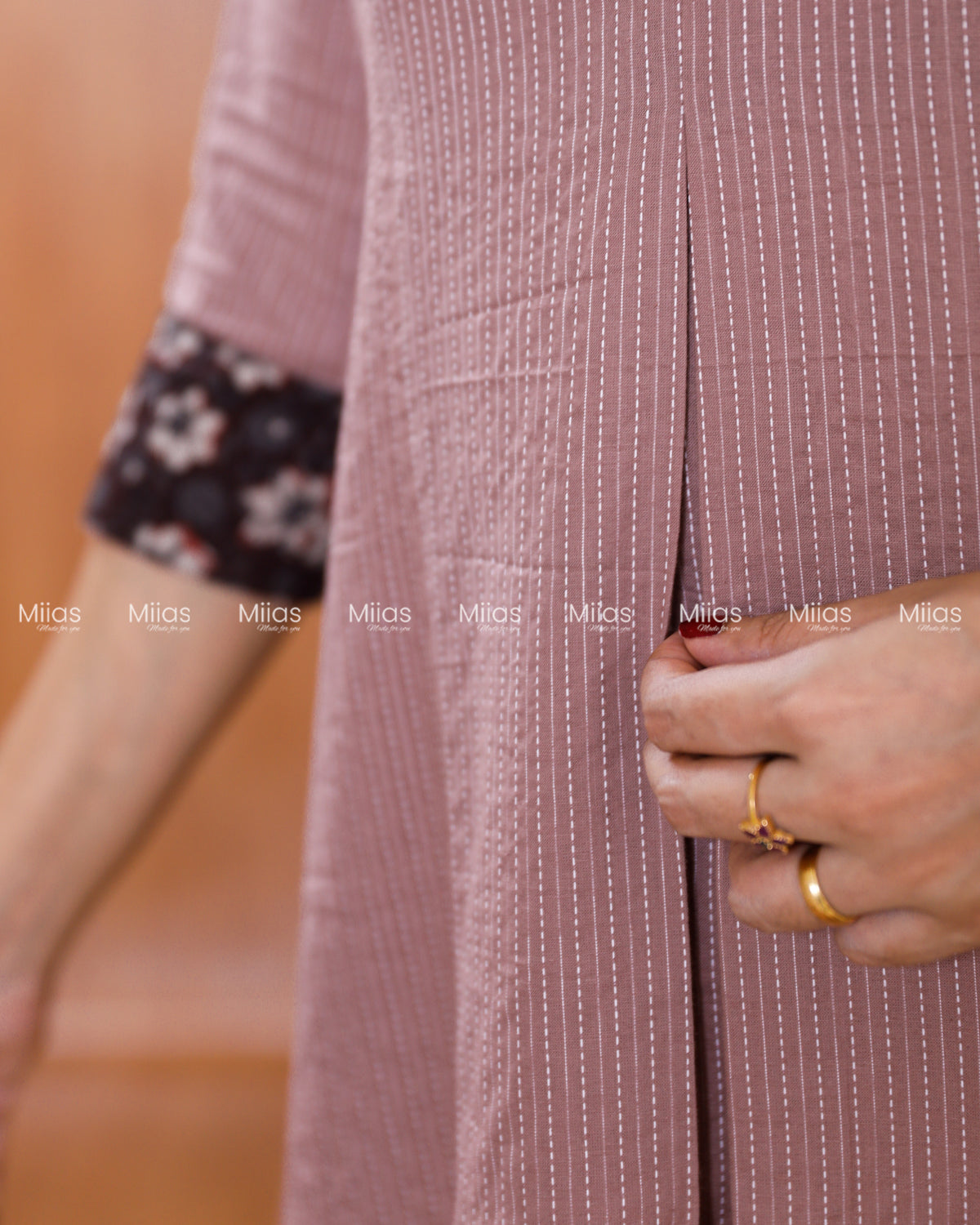 Kantha Cotton Dress Kurti | Ajrakh Patch Collar + Beaded | Dusty Rose