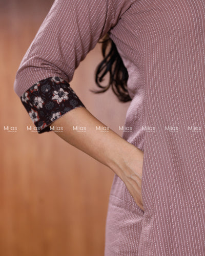 Kantha Cotton Dress Kurti | Ajrakh Patch Collar + Beaded | Dusty Rose