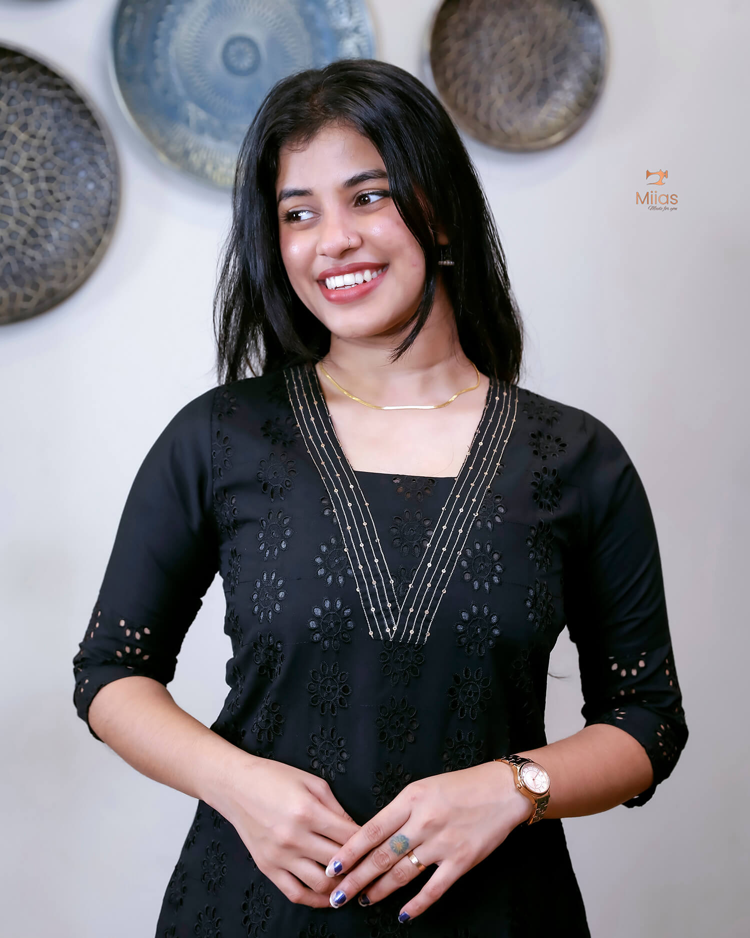 Cotton Hakoba Kurti with V-Neck Zari & Sequins Handwork-Black