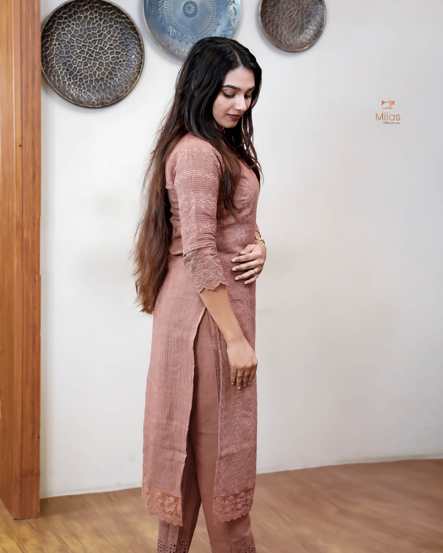 Cotton Kota Check 3-Pc Set with Lace & Pocket-Chocolate Brown.