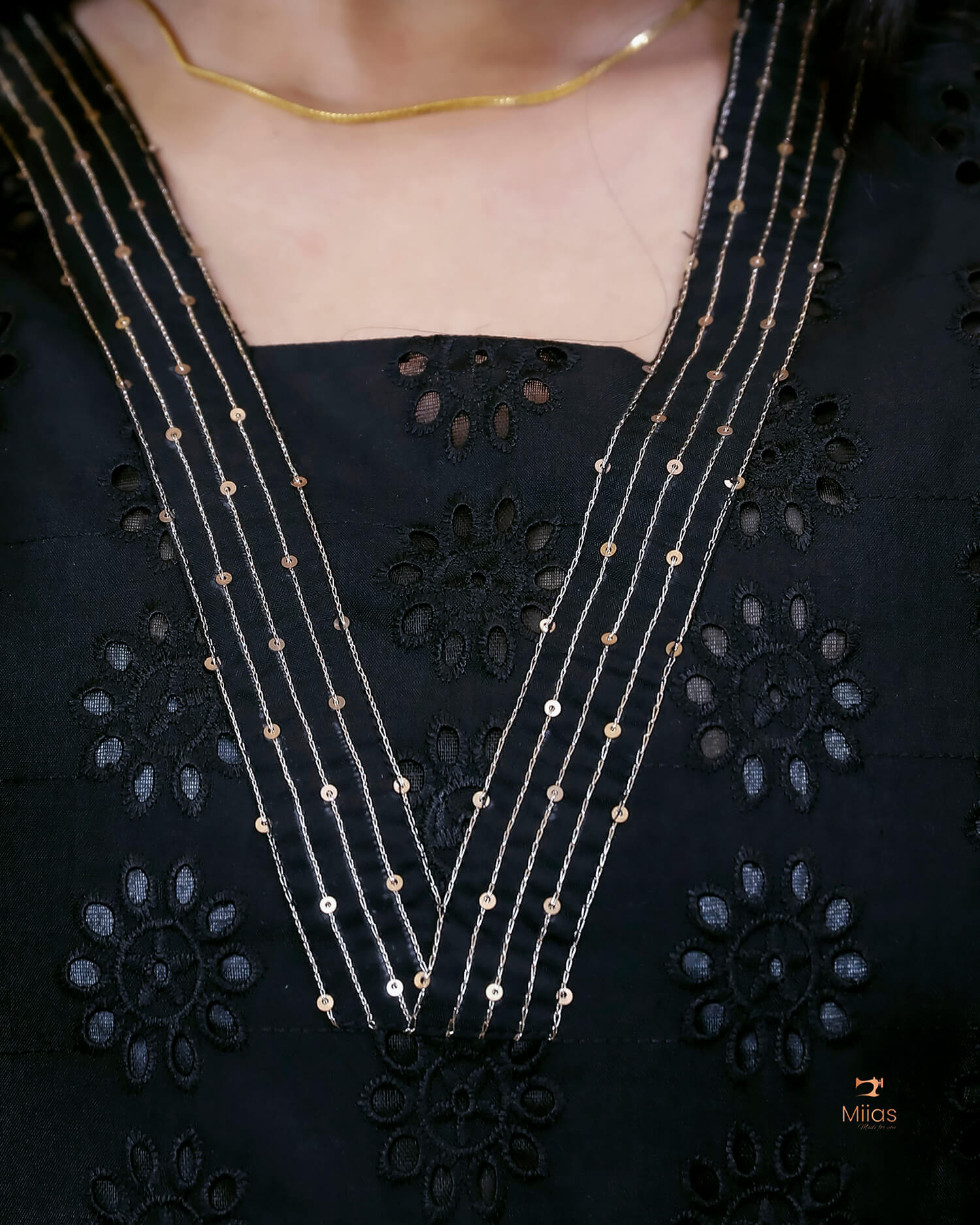 Cotton Hakoba Kurti with V-Neck Zari & Sequins Handwork-Black