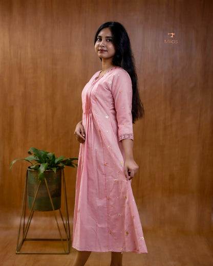 Mul Chanderi Kurti Set – Embroidered 3 Panel Dress with Lace & Pintuck