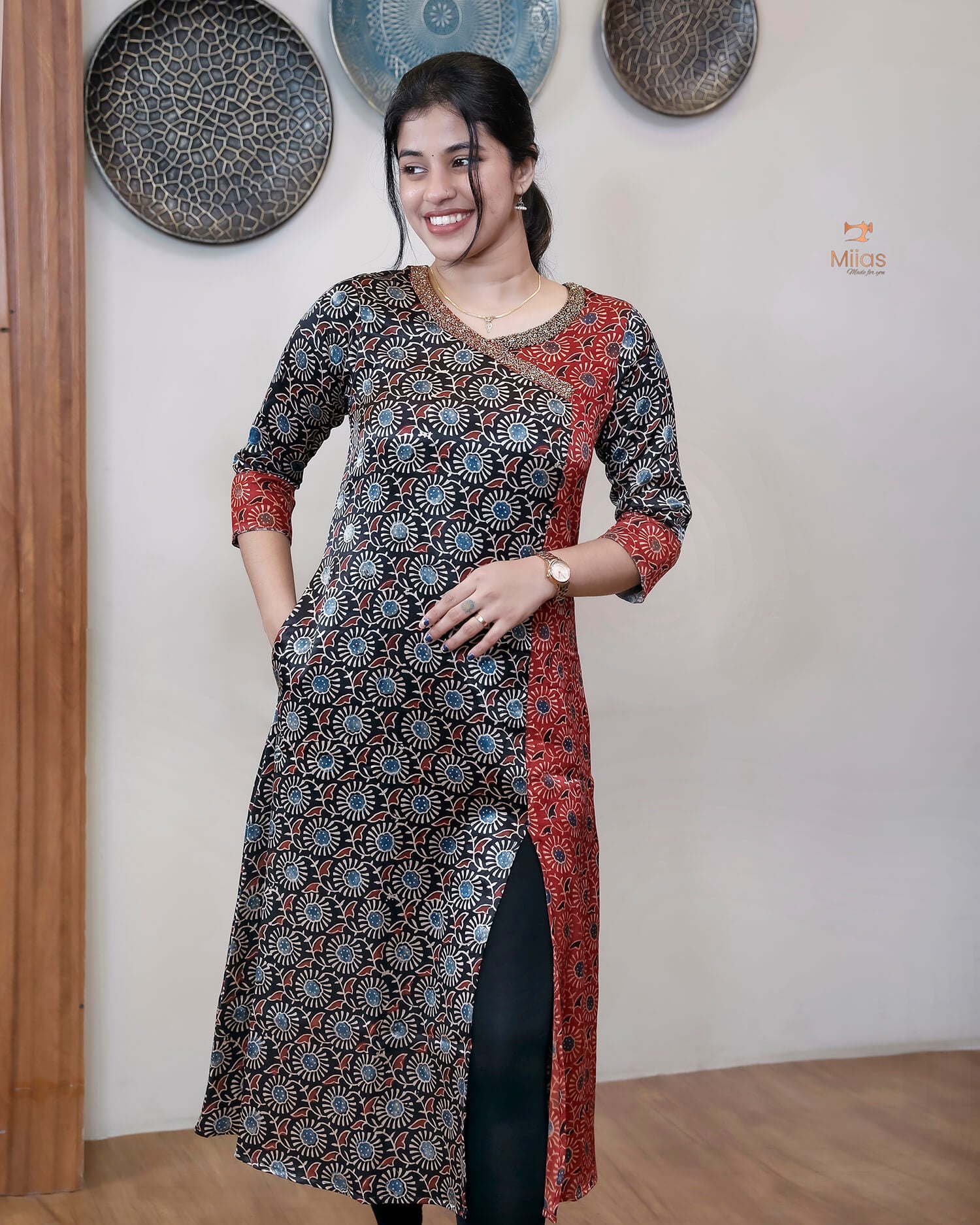 Mashru Silk Kurti: Overlapped Front & Sequins