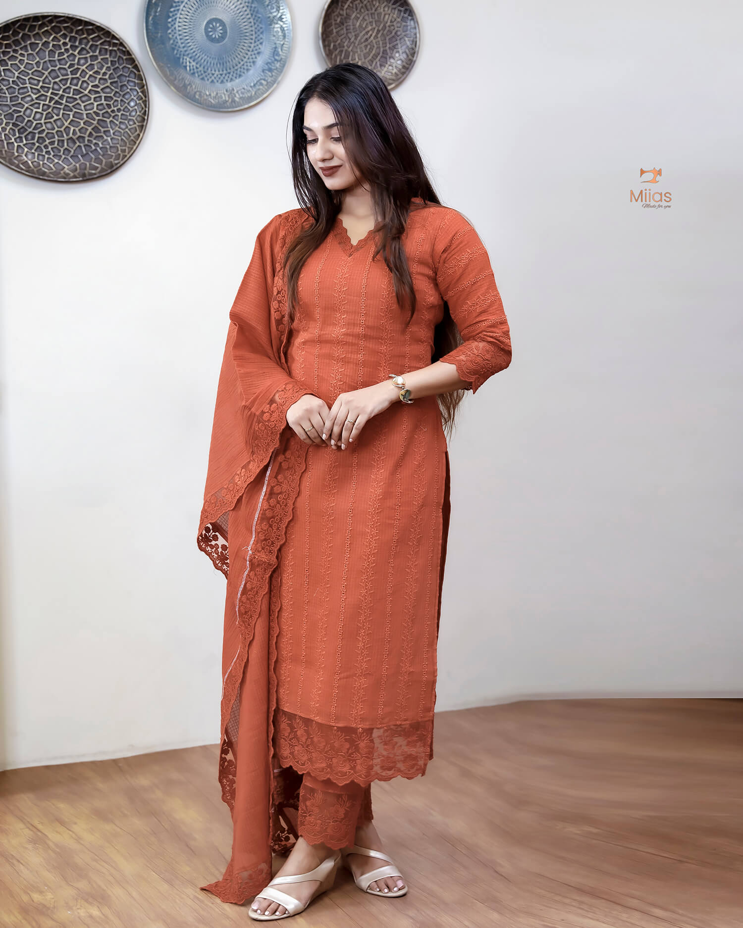 Cotton Kota Check Three-Piece Set with Lace Trim-Brick Red.