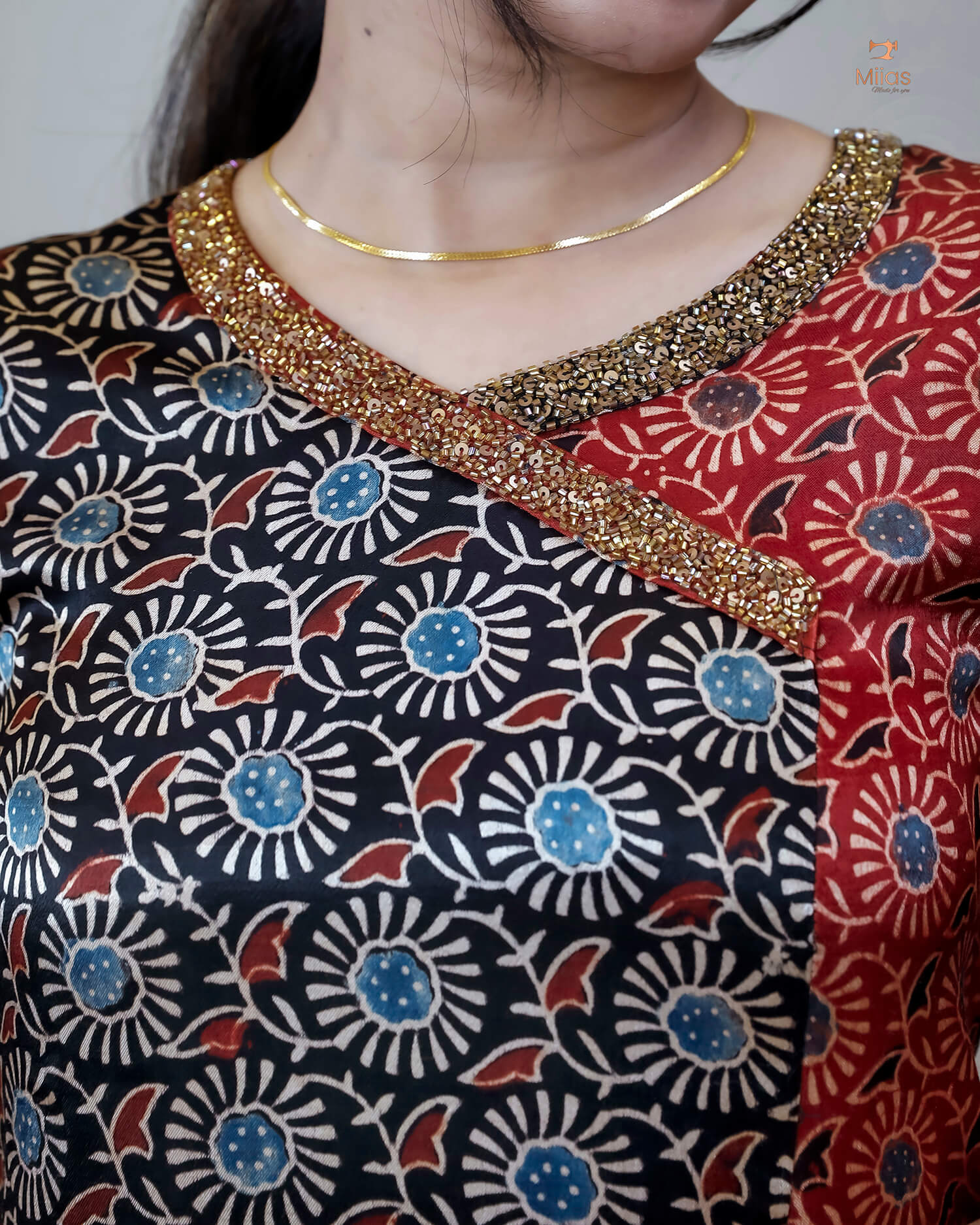 Mashru Silk Kurti: Overlapped Front & Sequins
