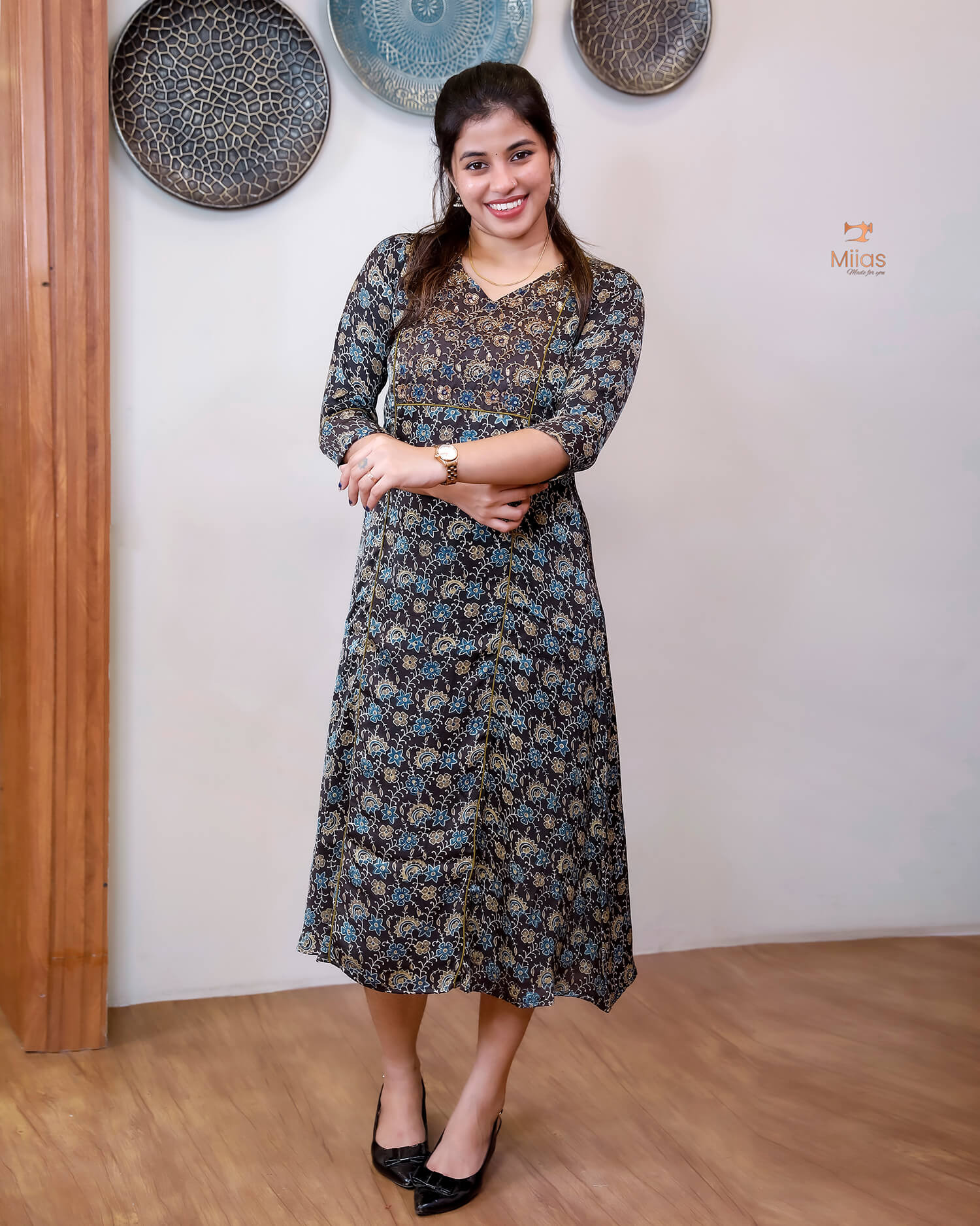 Modal Silk A-Line Kurti with Hand Embellishment-Dark Brown