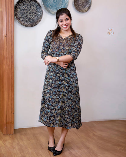 Modal Silk A-Line Kurti with Hand Embellishment-Dark Brown