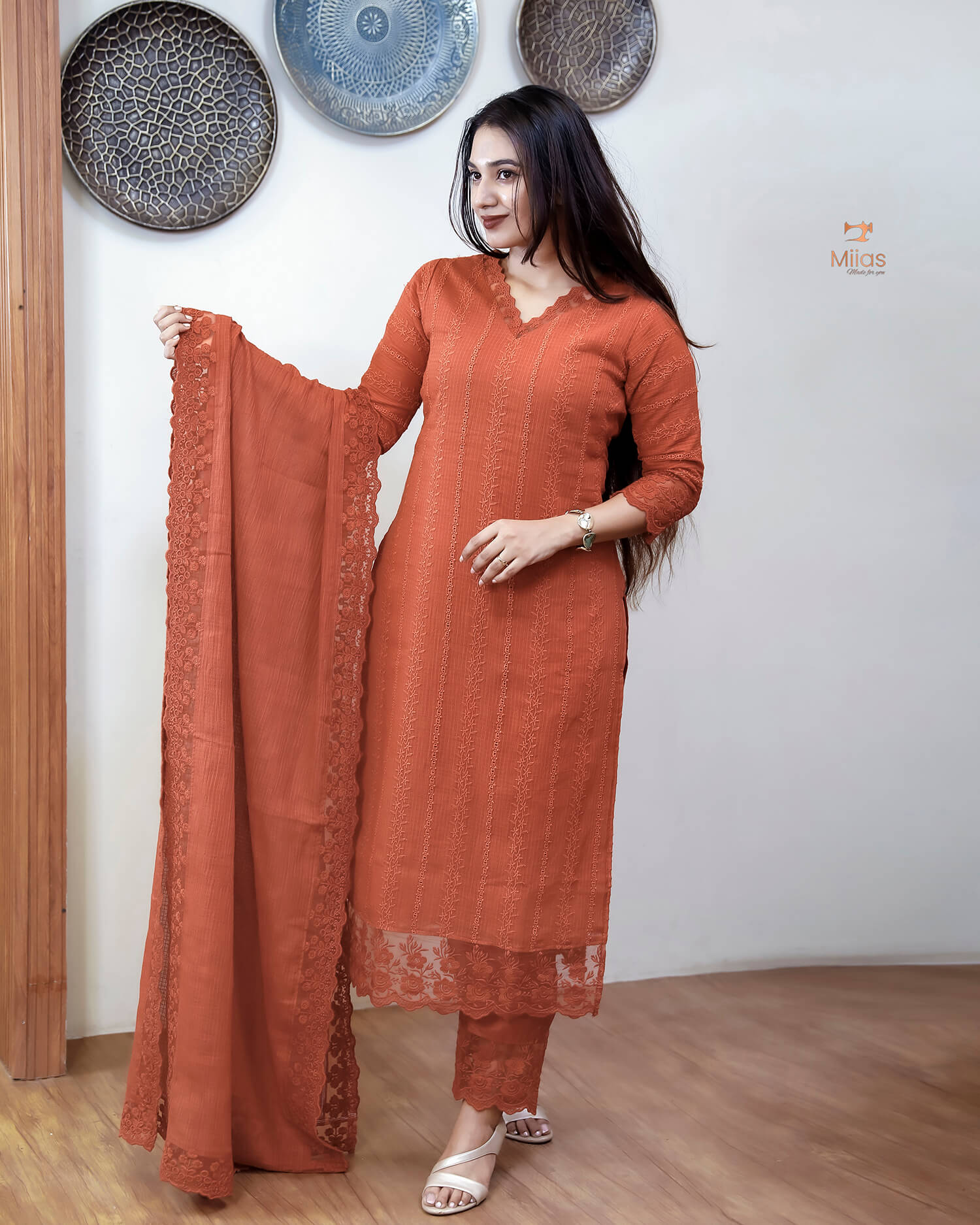 Cotton Kota Check Three-Piece Set with Lace Trim-Brick Red.