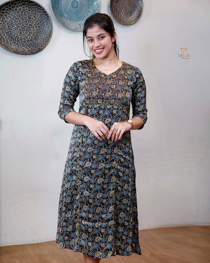 Modal Silk A-Line Kurti with Hand Embellishment-Dark Brown