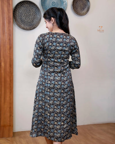 Modal Silk A-Line Kurti with Hand Embellishment-Dark Brown