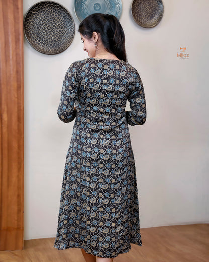 Modal Silk A-Line Kurti with Hand Embellishment-Dark Brown