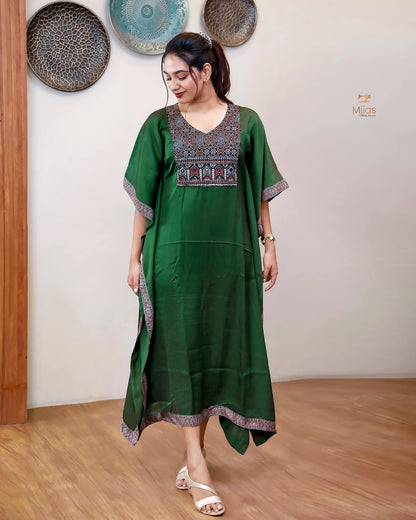 Modal Silk Kaftan: Embroidered Modal Dress with Beads & Mirrors-Emerald Green.