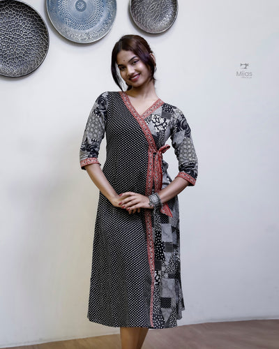 South Cotton Panel Dress/Kurti | Overlap + Tie Detail | Black & Gray