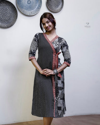 South Cotton Panel Dress/Kurti | Overlap + Tie Detail | Black & Gray