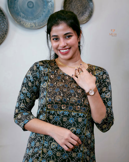 Modal Silk A-Line Kurti with Hand Embellishment-Dark Brown