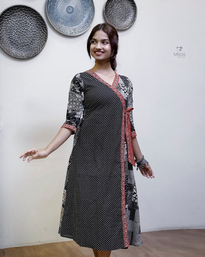 South Cotton Panel Dress/Kurti | Overlap + Tie Detail | Black & Gray