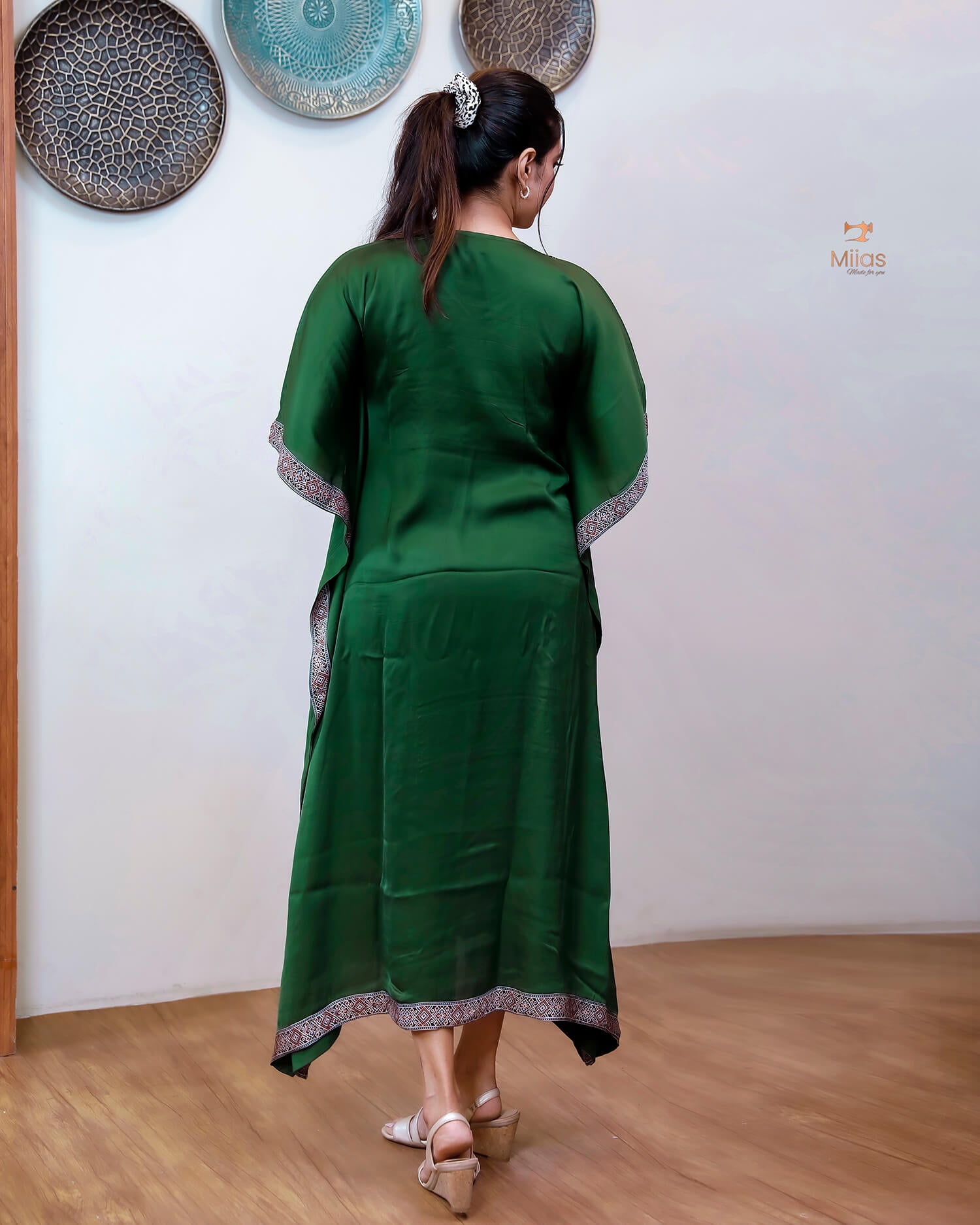 Modal Silk Kaftan: Embroidered Modal Dress with Beads & Mirrors-Emerald Green.