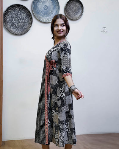 South Cotton Panel Dress/Kurti | Overlap + Tie Detail | Black & Gray