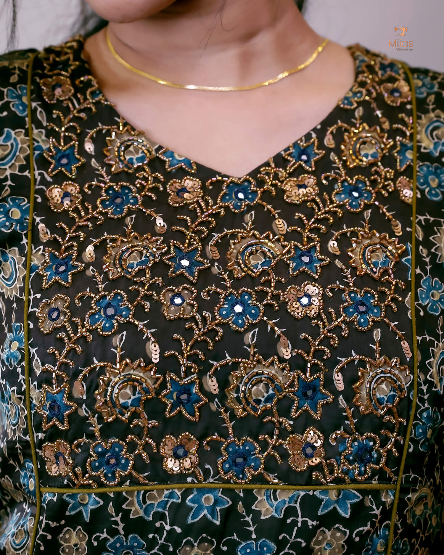 Modal Silk A-Line Kurti with Hand Embellishment-Dark Brown