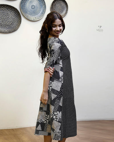 South Cotton Panel Dress/Kurti | Overlap + Tie Detail | Black & Gray