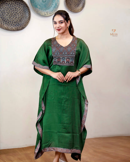 Modal Silk Kaftan: Embroidered Modal Dress with Beads & Mirrors-Emerald Green.