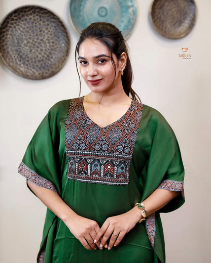 Modal Silk Kaftan: Embroidered Modal Dress with Beads & Mirrors-Emerald Green.